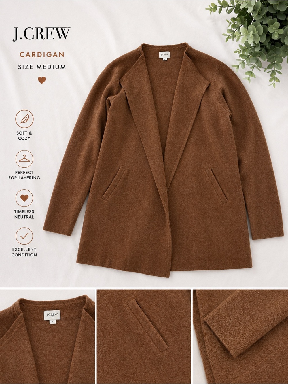 J. Crew Cozy Open-Front Cardigan in Chestnut Brown